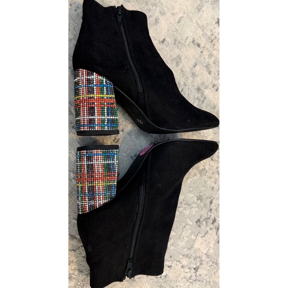 Betsey Johnson Barette Black Suede Rhinestone Plaid Block Heel Booties 5.5M